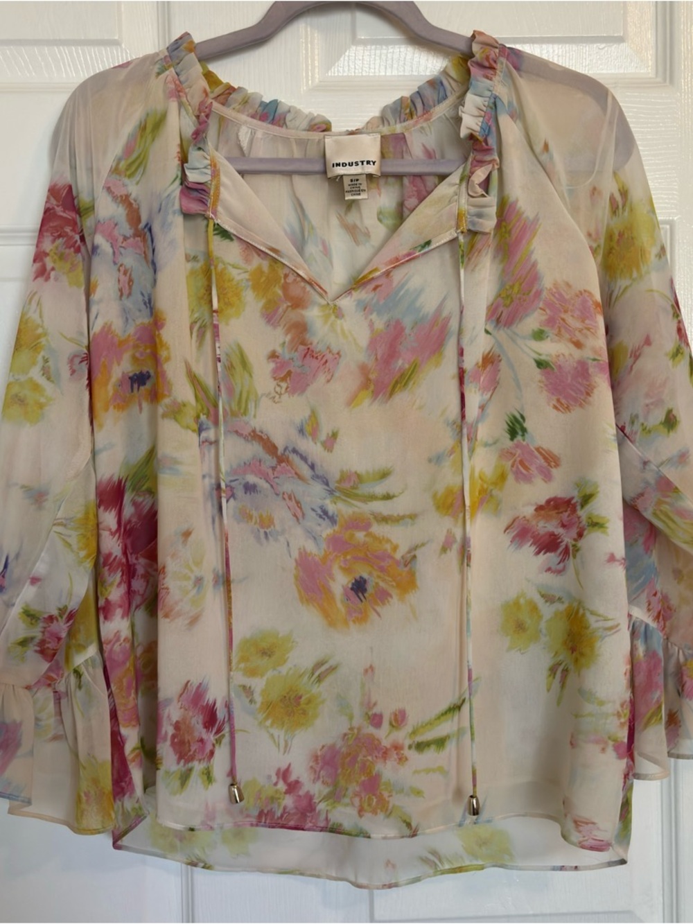 Sheer Floral Blouse Size S/P Pastel Ruffle Sleeve Boho Top